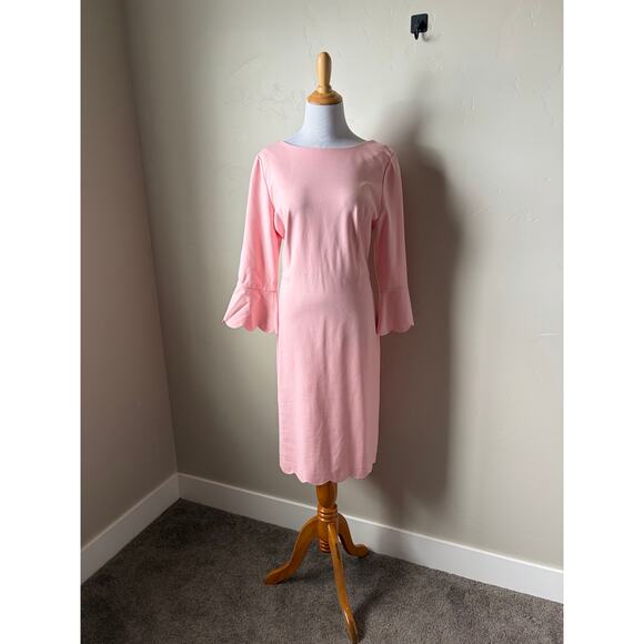 NWT Talbots Pink 3/4 Bell Sleeve Scalloped Hem Ponte Sheath Midi Dress Sz 12 - Picture 4 of 9